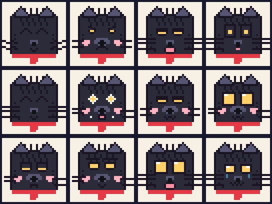 Planche d’expressions pixel art d’un Minou