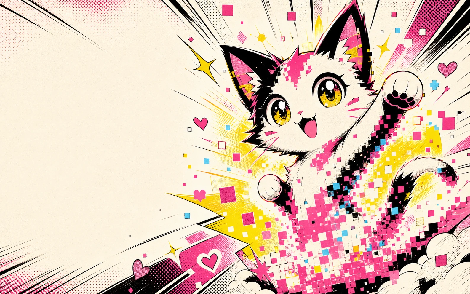 Chat original dessiné comme un héros de manga et composé de pixels colorés